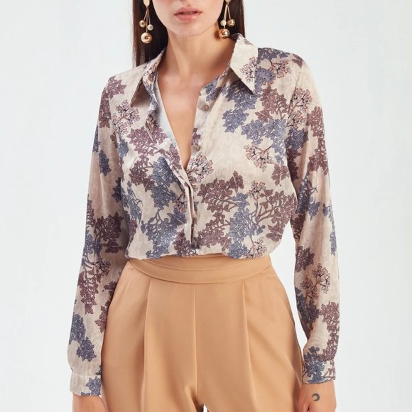 Tree Patterned Loose Silk Shirt - Beige - Picture 5 of 10